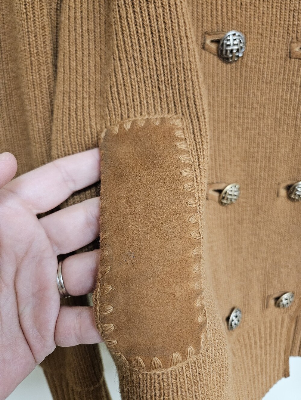 St. John Cashmere Wool Double Breasted Knit Sweater Cardigan Suede Large Tan - Picture 6 of 9